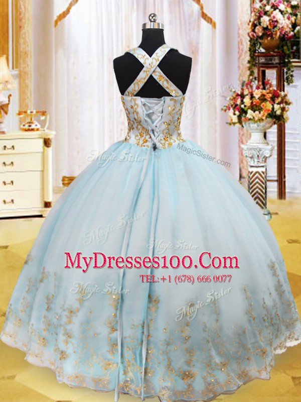 Light Blue Halter Top Lace Up Appliques Sweet 16 Dress Sleeveless