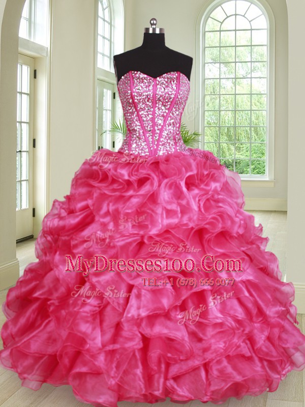 Hot Pink Sleeveless Organza Lace Up 15th Birthday Dress for Military Ball and Sweet 16 and Quinceanera