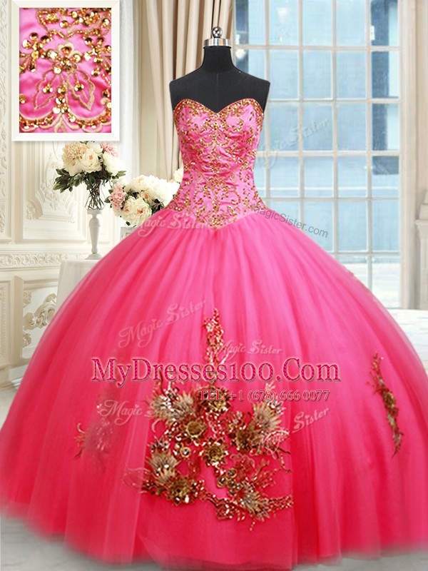 Exquisite Sweetheart Sleeveless Sweet 16 Dress Floor Length Beading and Appliques Hot Pink Tulle