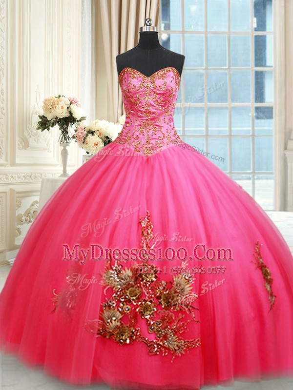 Exquisite Sweetheart Sleeveless Sweet 16 Dress Floor Length Beading and Appliques Hot Pink Tulle