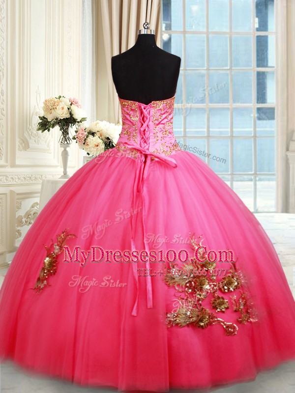 Exquisite Sweetheart Sleeveless Sweet 16 Dress Floor Length Beading and Appliques Hot Pink Tulle
