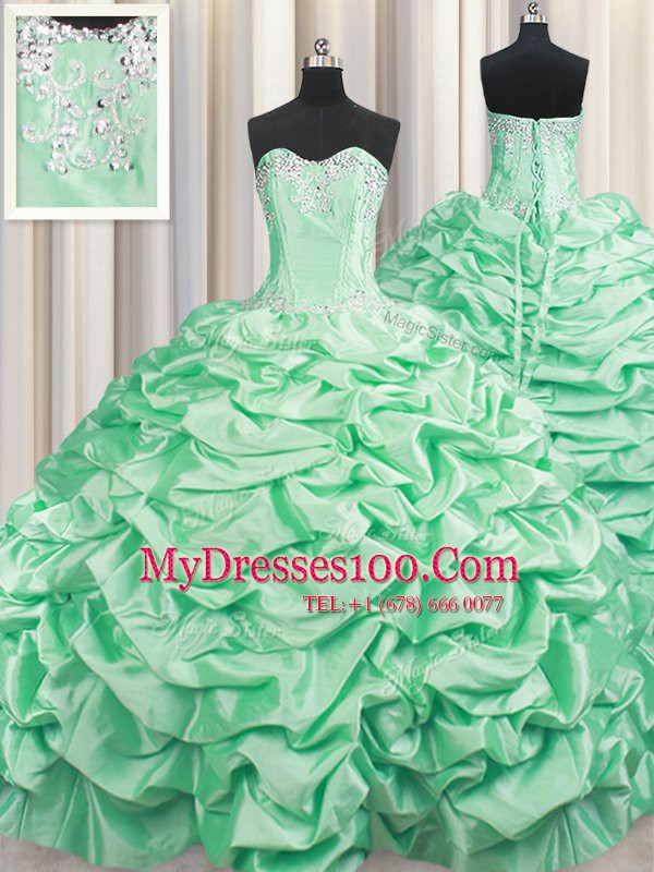 Adorable Pick Ups Brush Train Ball Gowns Quinceanera Dress Apple Green Sweetheart Taffeta Sleeveless With Train Lace Up