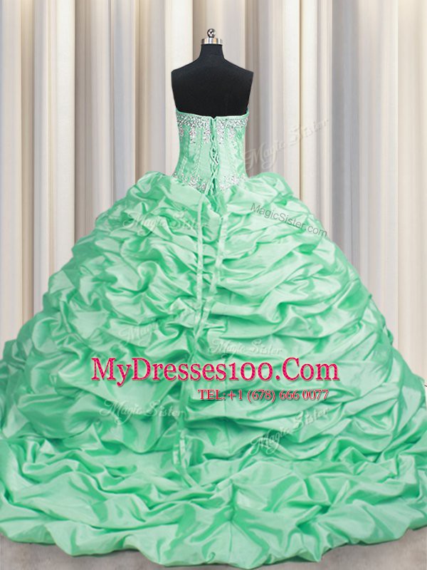 Adorable Pick Ups Brush Train Ball Gowns Quinceanera Dress Apple Green Sweetheart Taffeta Sleeveless With Train Lace Up