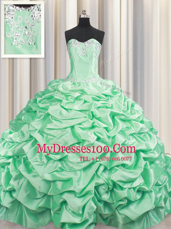 Adorable Pick Ups Brush Train Ball Gowns Quinceanera Dress Apple Green Sweetheart Taffeta Sleeveless With Train Lace Up