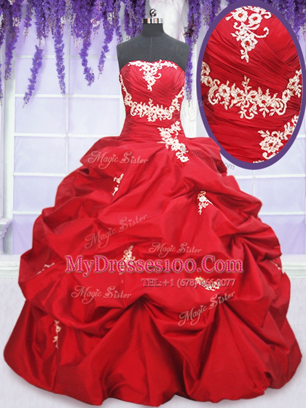 Luxury Pick Ups Floor Length Ball Gowns Sleeveless Red Quinceanera Gowns Lace Up