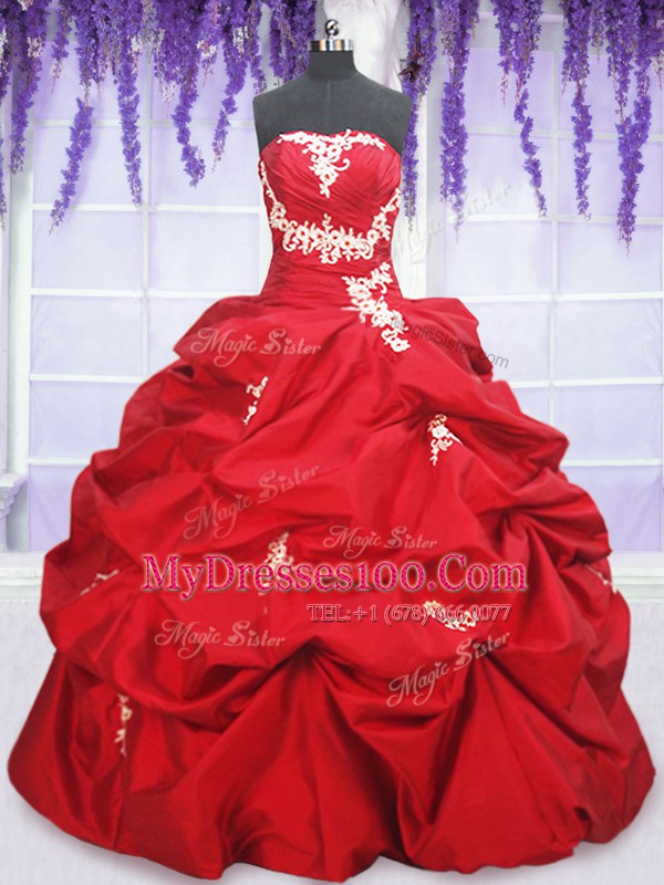 Luxury Pick Ups Floor Length Ball Gowns Sleeveless Red Quinceanera Gowns Lace Up