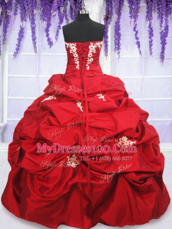 Luxury Pick Ups Floor Length Ball Gowns Sleeveless Red Quinceanera Gowns Lace Up