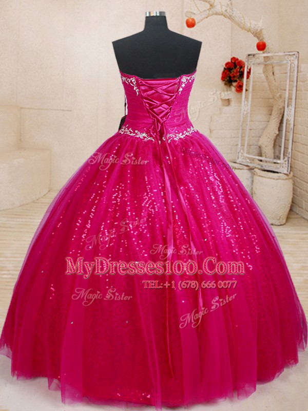 Sweetheart Sleeveless 15th Birthday Dress Floor Length Beading and Sequins Fuchsia Tulle
