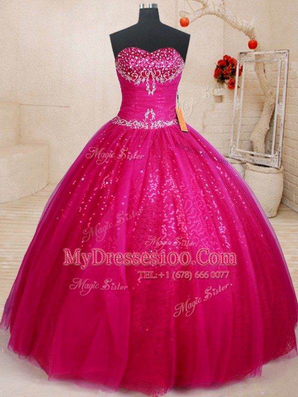 Sweetheart Sleeveless 15th Birthday Dress Floor Length Beading and Sequins Fuchsia Tulle