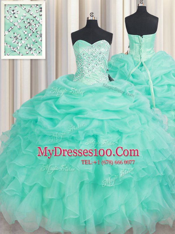 Fancy Apple Green Sweetheart Neckline Beading and Ruffles and Pick Ups Sweet 16 Dress Sleeveless Lace Up