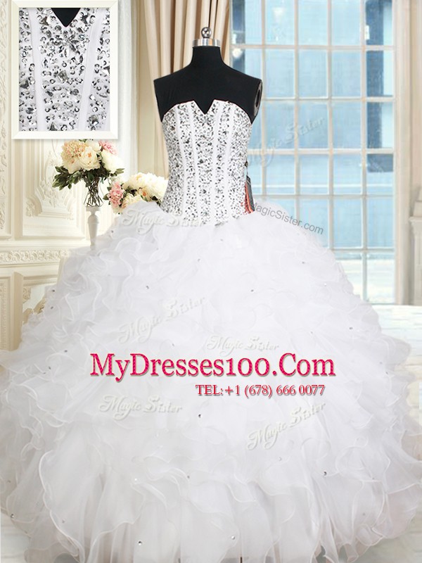 Modern Sleeveless Organza Floor Length Lace Up Quince Ball Gowns in White with Beading and Ruffles