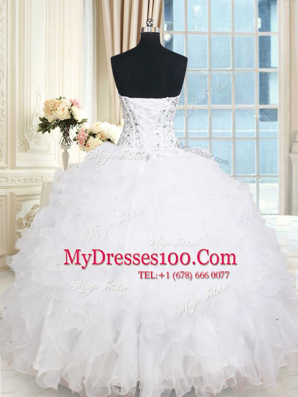 Modern Sleeveless Organza Floor Length Lace Up Quince Ball Gowns in White with Beading and Ruffles