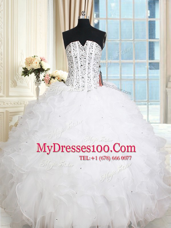 Modern Sleeveless Organza Floor Length Lace Up Quince Ball Gowns in White with Beading and Ruffles