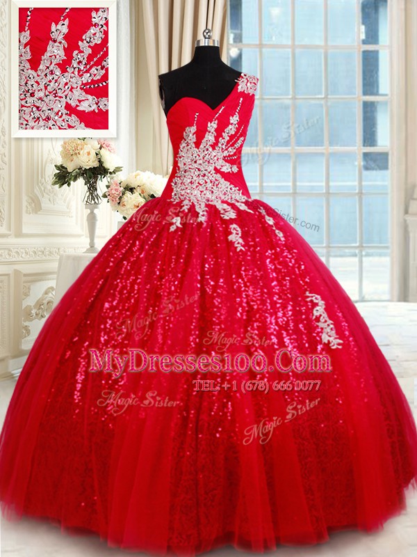 One Shoulder Sleeveless Beading and Appliques Lace Up Ball Gown Prom Dress