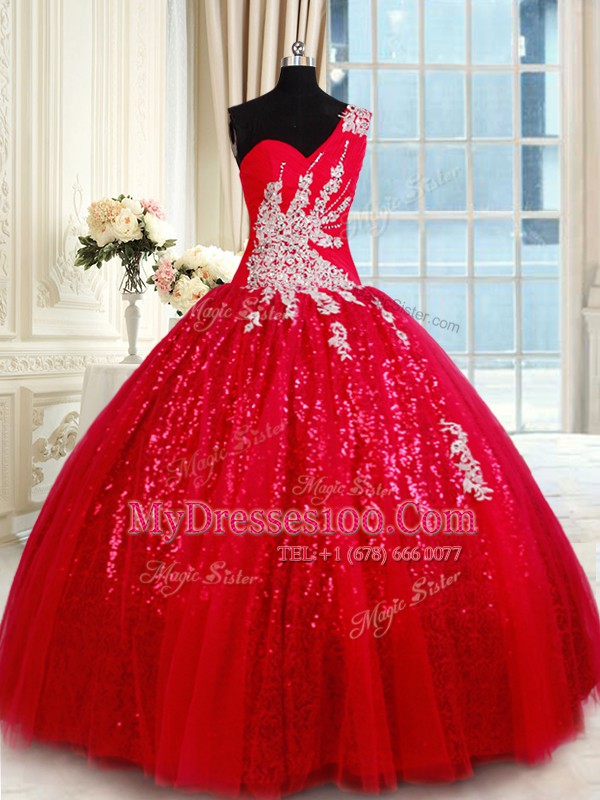 One Shoulder Sleeveless Beading and Appliques Lace Up Ball Gown Prom Dress