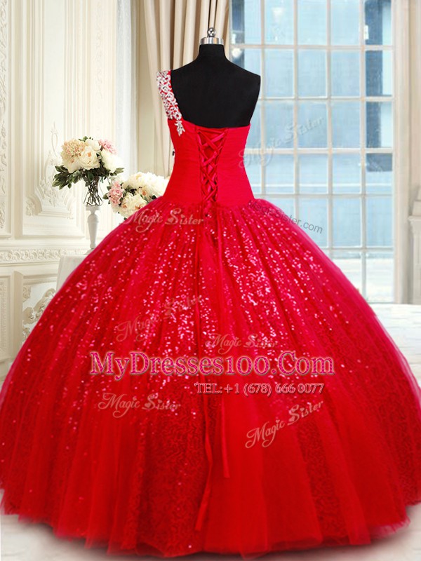 One Shoulder Sleeveless Beading and Appliques Lace Up Ball Gown Prom Dress