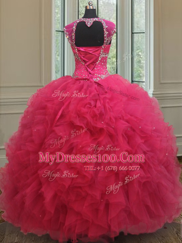Glamorous Hot Pink Tulle Lace Up Square Cap Sleeves Floor Length Sweet 16 Quinceanera Dress Beading and Ruffles