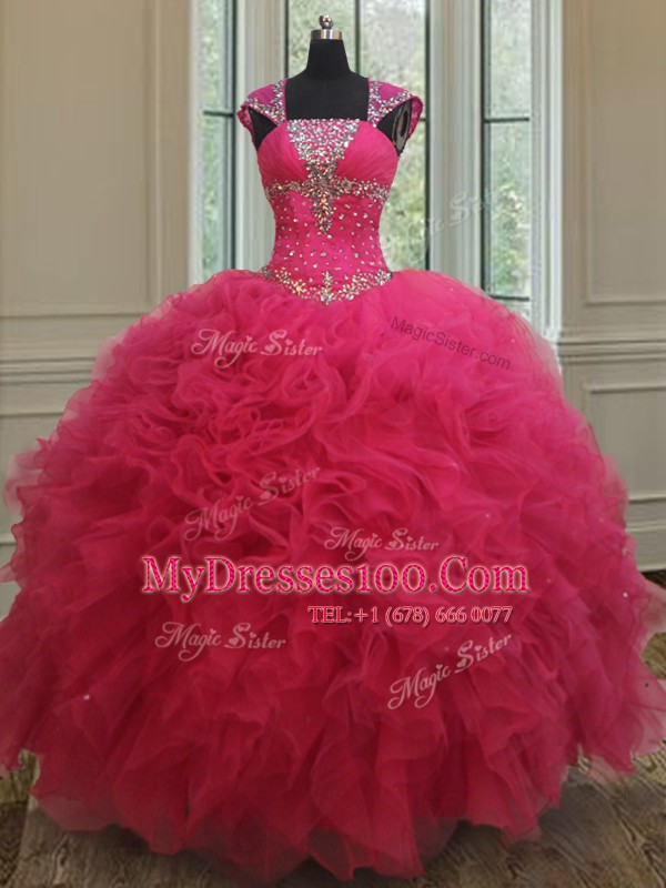 Glamorous Hot Pink Tulle Lace Up Square Cap Sleeves Floor Length Sweet 16 Quinceanera Dress Beading and Ruffles