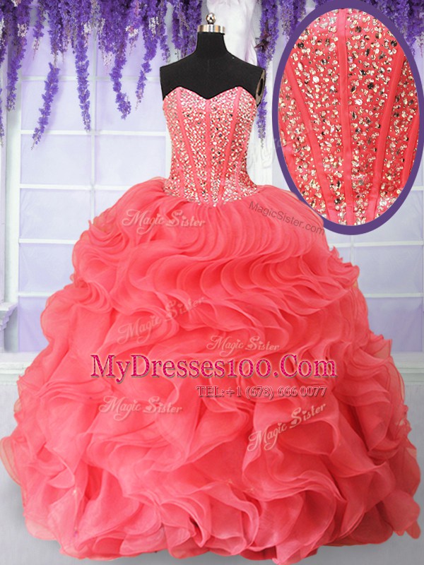 Clearance Watermelon Red Lace Up Sweet 16 Dress Beading and Ruffles Sleeveless Floor Length