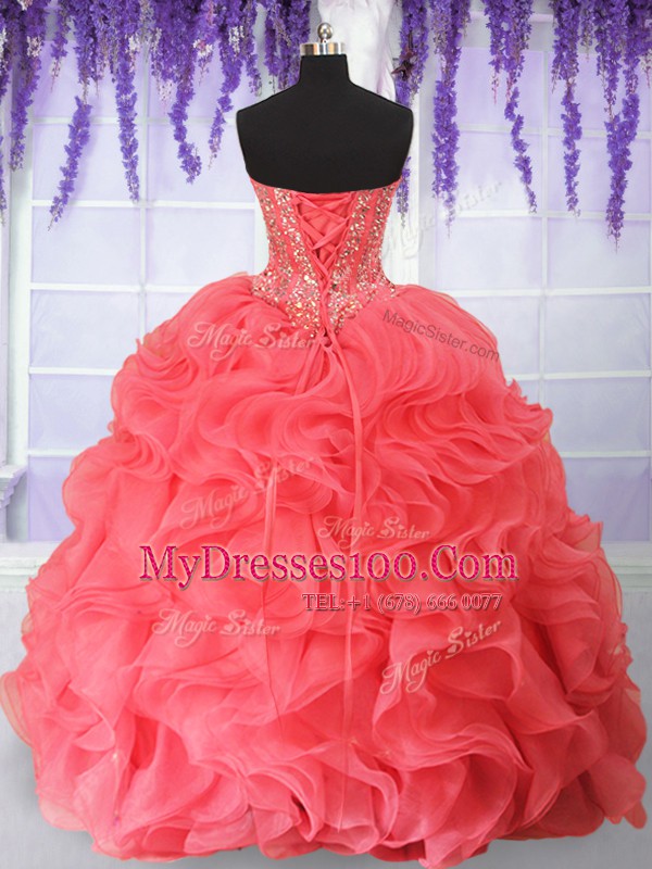 Clearance Watermelon Red Lace Up Sweet 16 Dress Beading and Ruffles Sleeveless Floor Length