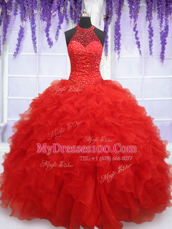 Flare Halter Top Sleeveless Organza Floor Length Lace Up 15th Birthday Dress in Red with Beading and Ruffles