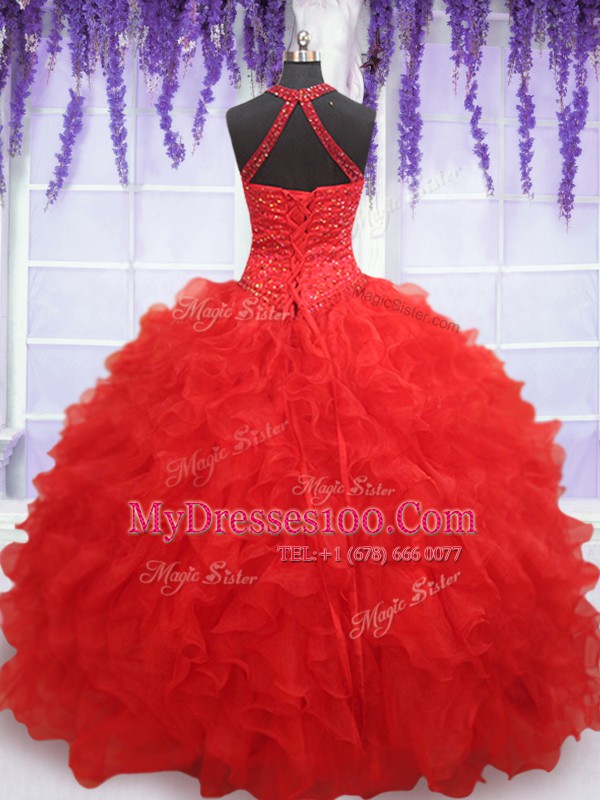 Flare Halter Top Sleeveless Organza Floor Length Lace Up 15th Birthday Dress in Red with Beading and Ruffles