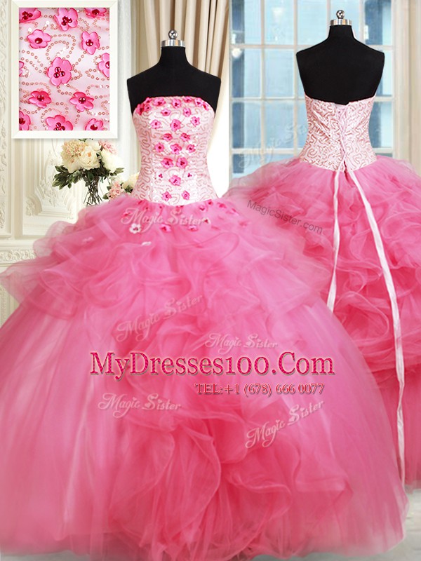 Sleeveless Floor Length Beading and Appliques and Ruffles Lace Up Vestidos de Quinceanera with Hot Pink