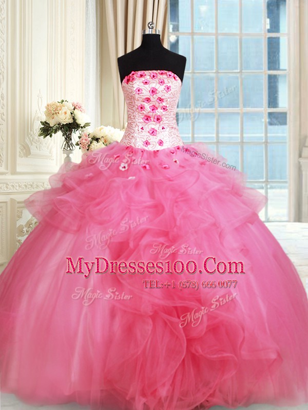 Sleeveless Floor Length Beading and Appliques and Ruffles Lace Up Vestidos de Quinceanera with Hot Pink