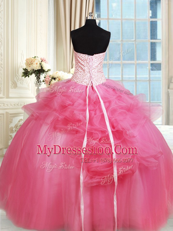 Sleeveless Floor Length Beading and Appliques and Ruffles Lace Up Vestidos de Quinceanera with Hot Pink