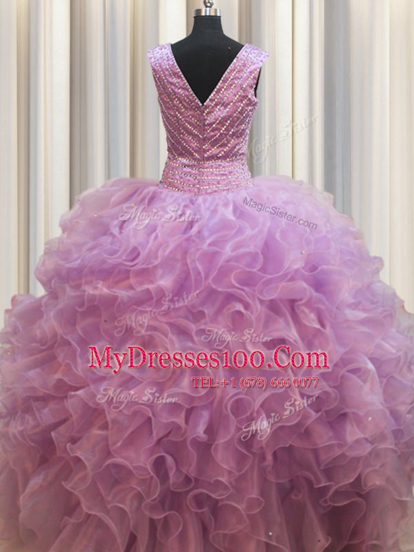 Comfortable Lilac Organza Lace Up V-neck Sleeveless Floor Length Ball Gown Prom Dress Beading