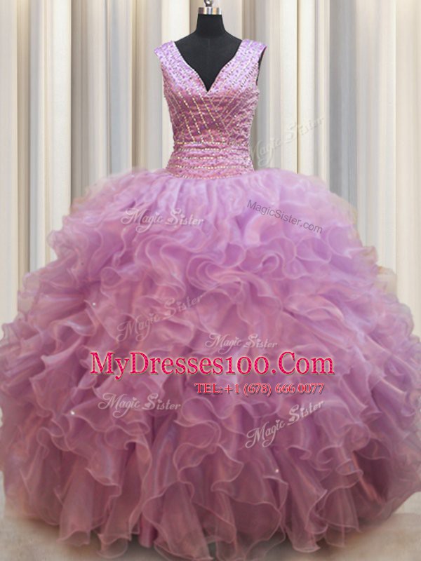 Comfortable Lilac Organza Lace Up V-neck Sleeveless Floor Length Ball Gown Prom Dress Beading