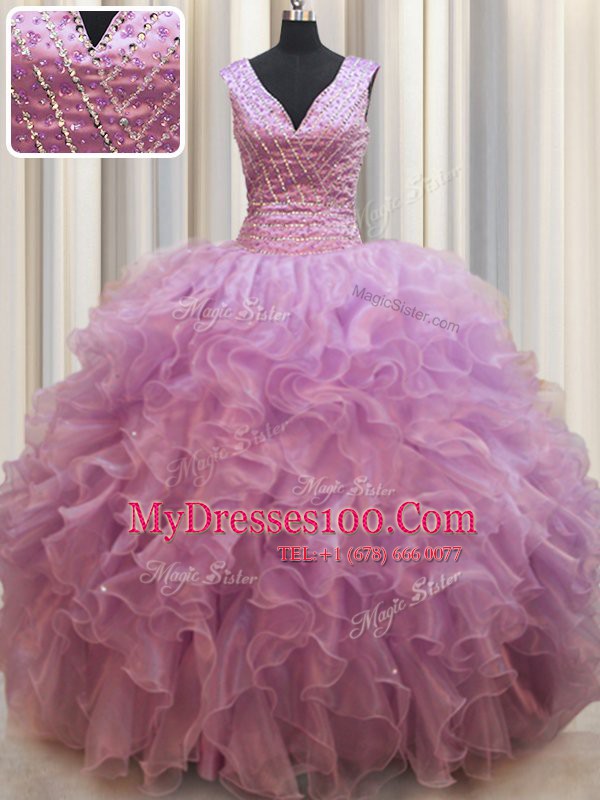 Comfortable Lilac Organza Lace Up V-neck Sleeveless Floor Length Ball Gown Prom Dress Beading