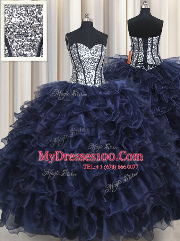 Sequins Ruffled Floor Length Navy Blue 15th Birthday Dress Sweetheart Sleeveless Lace Up