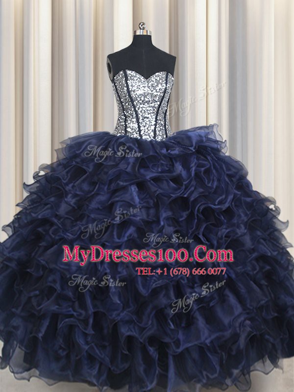 Sequins Ruffled Floor Length Navy Blue 15th Birthday Dress Sweetheart Sleeveless Lace Up
