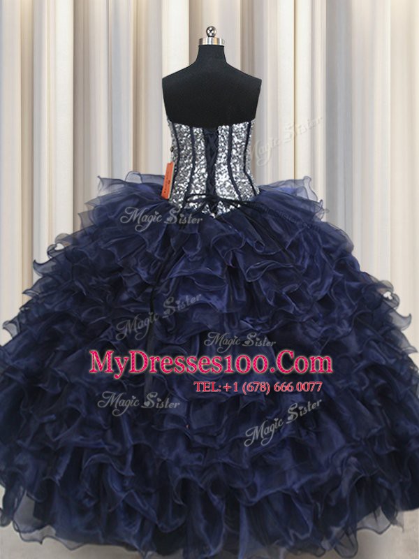Sequins Ruffled Floor Length Navy Blue 15th Birthday Dress Sweetheart Sleeveless Lace Up