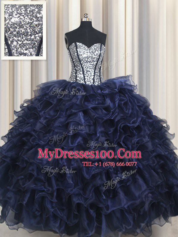 Sequins Ruffled Floor Length Navy Blue 15th Birthday Dress Sweetheart Sleeveless Lace Up