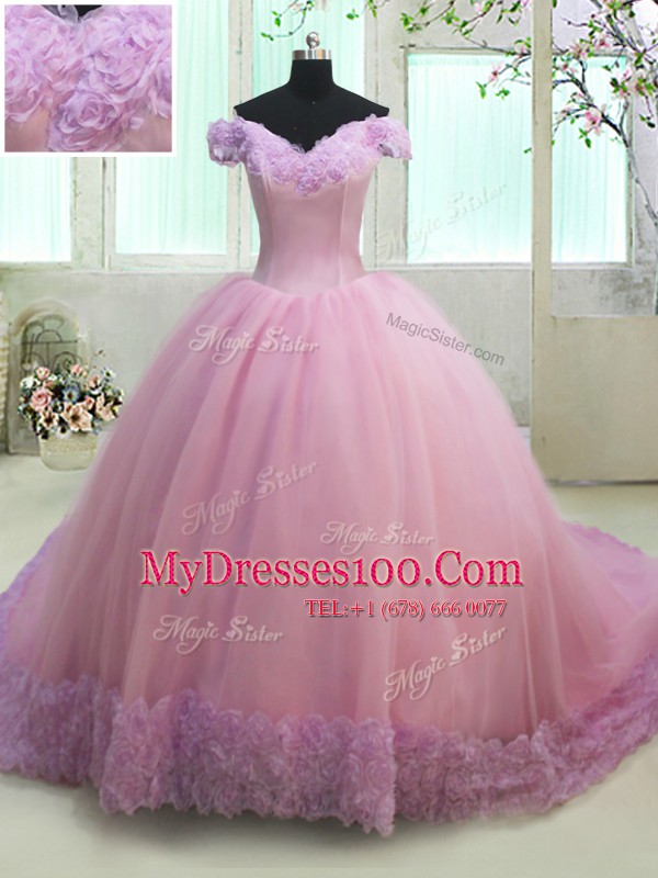Lovely Off the Shoulder Lilac Cap Sleeves Tulle Court Train Lace Up Sweet 16 Dress for Military Ball and Sweet 16 and Quinceanera