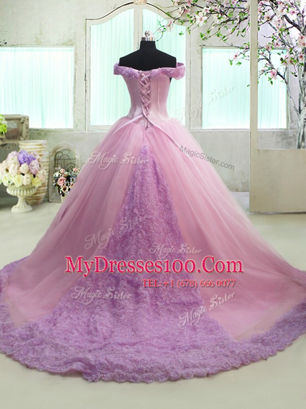 Lovely Off the Shoulder Lilac Cap Sleeves Tulle Court Train Lace Up Sweet 16 Dress for Military Ball and Sweet 16 and Quinceanera