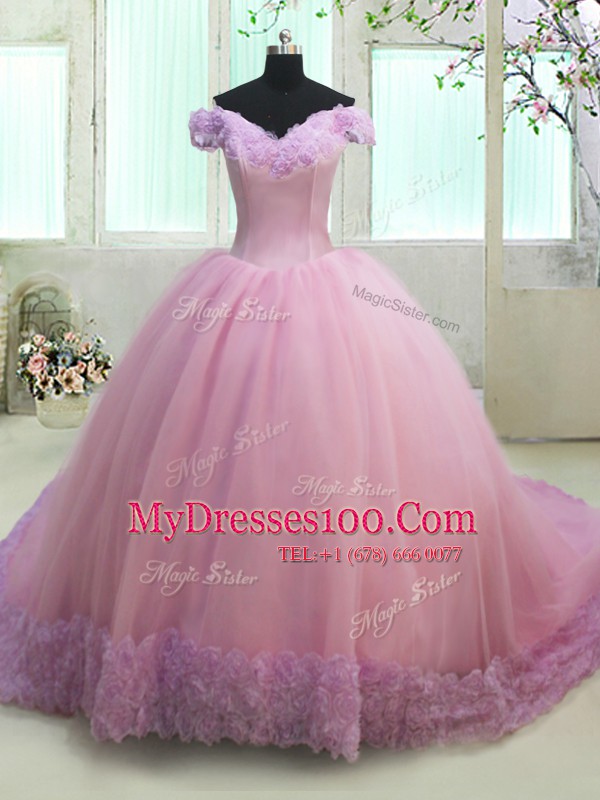 Lovely Off the Shoulder Lilac Cap Sleeves Tulle Court Train Lace Up Sweet 16 Dress for Military Ball and Sweet 16 and Quinceanera