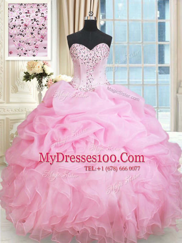 Graceful Rose Pink Ball Gowns Sweetheart Sleeveless Organza Floor Length Lace Up Beading and Ruffles and Pick Ups Ball Gown Prom Dress