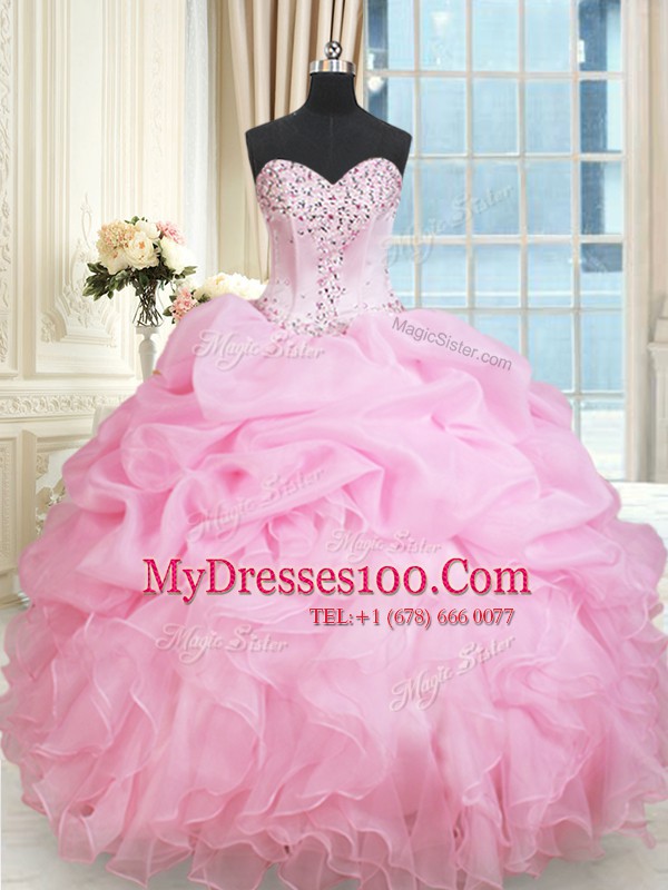 Graceful Rose Pink Ball Gowns Sweetheart Sleeveless Organza Floor Length Lace Up Beading and Ruffles and Pick Ups Ball Gown Prom Dress
