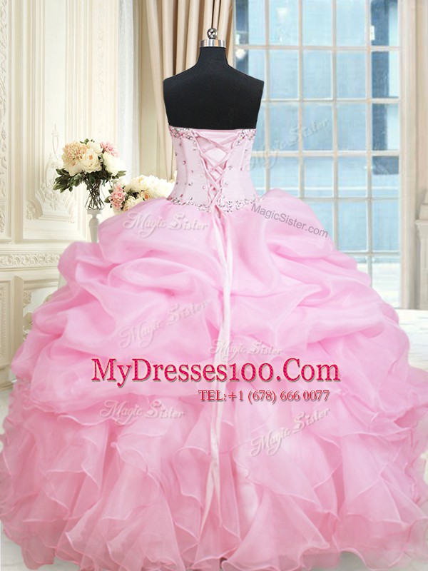 Graceful Rose Pink Ball Gowns Sweetheart Sleeveless Organza Floor Length Lace Up Beading and Ruffles and Pick Ups Ball Gown Prom Dress
