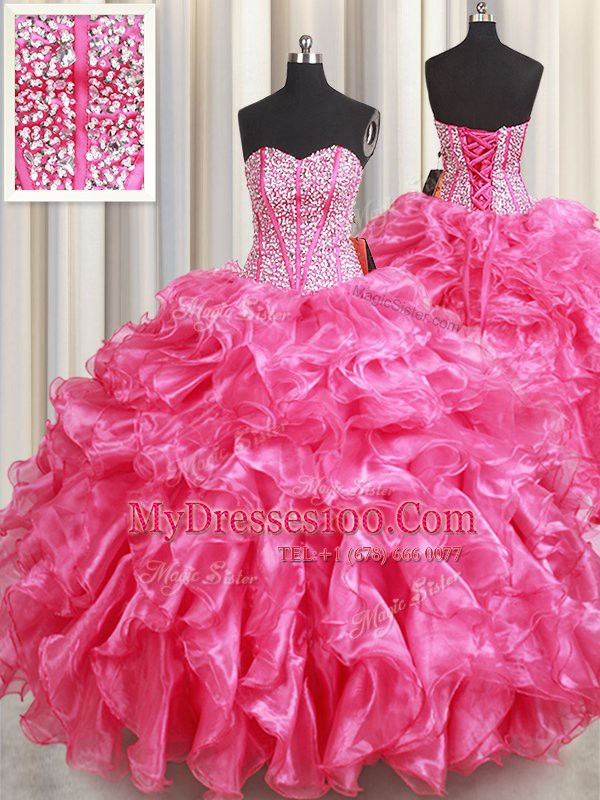 Edgy Hot Pink Lace Up Quince Ball Gowns Beading and Ruffles Sleeveless Floor Length
