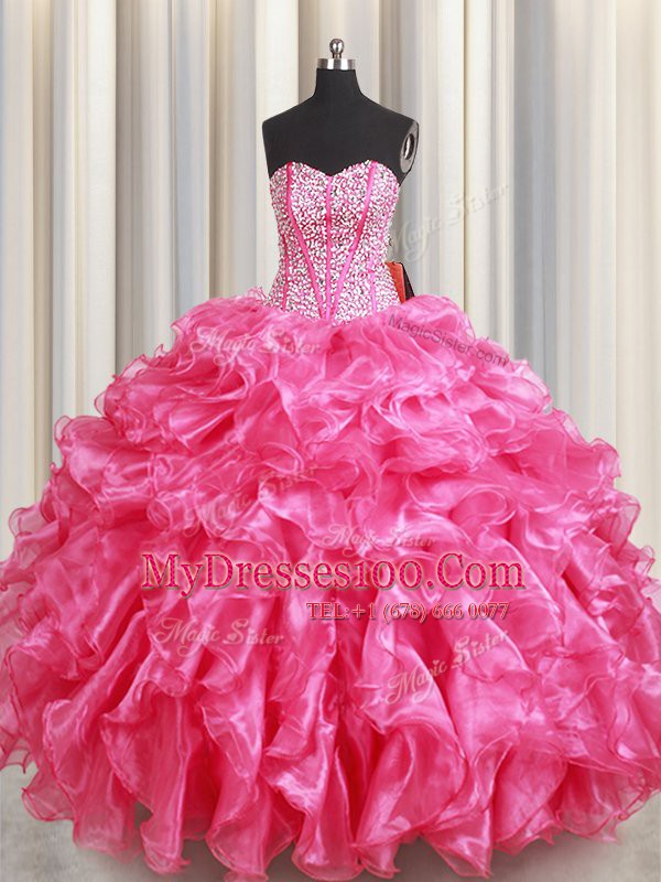 Edgy Hot Pink Lace Up Quince Ball Gowns Beading and Ruffles Sleeveless Floor Length