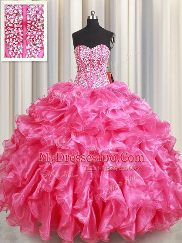 Edgy Hot Pink Lace Up Quince Ball Gowns Beading and Ruffles Sleeveless Floor Length