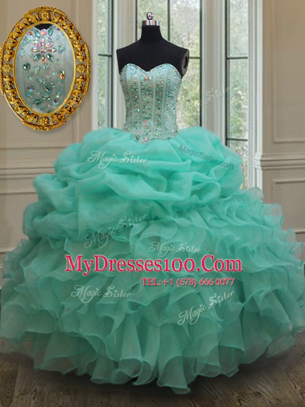 Sleeveless Organza Floor Length Lace Up Sweet 16 Dress in Apple Green with Beading and Ruffles