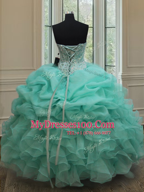 Sleeveless Organza Floor Length Lace Up Sweet 16 Dress in Apple Green with Beading and Ruffles