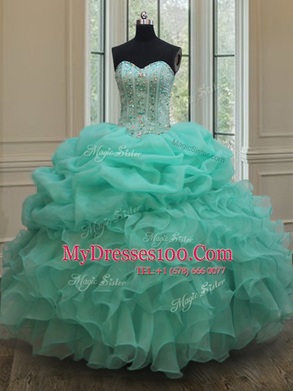 Sleeveless Organza Floor Length Lace Up Sweet 16 Dress in Apple Green with Beading and Ruffles