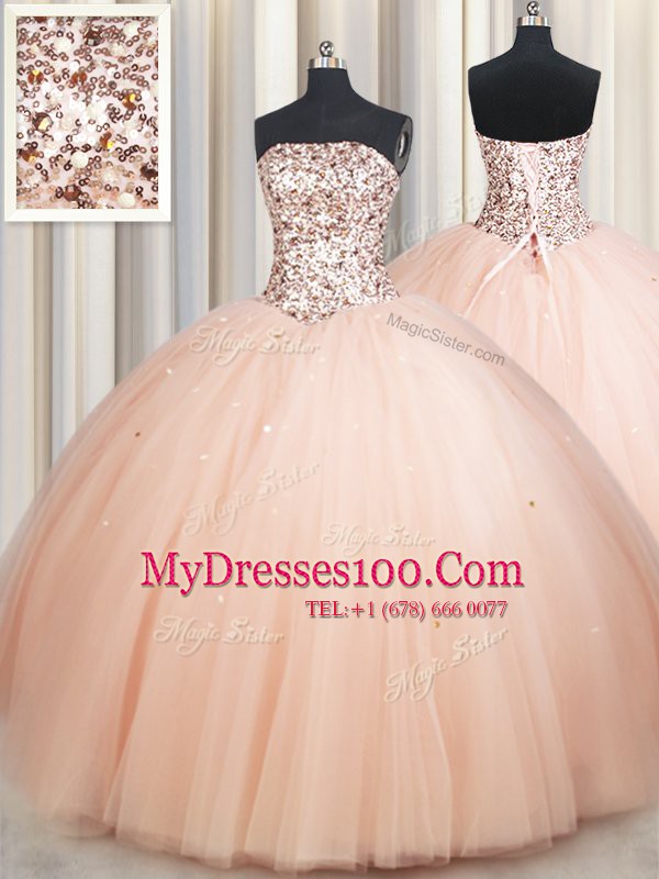 Floor Length Lace Up Quinceanera Gowns Peach for Military Ball and Sweet 16 and Quinceanera with Beading