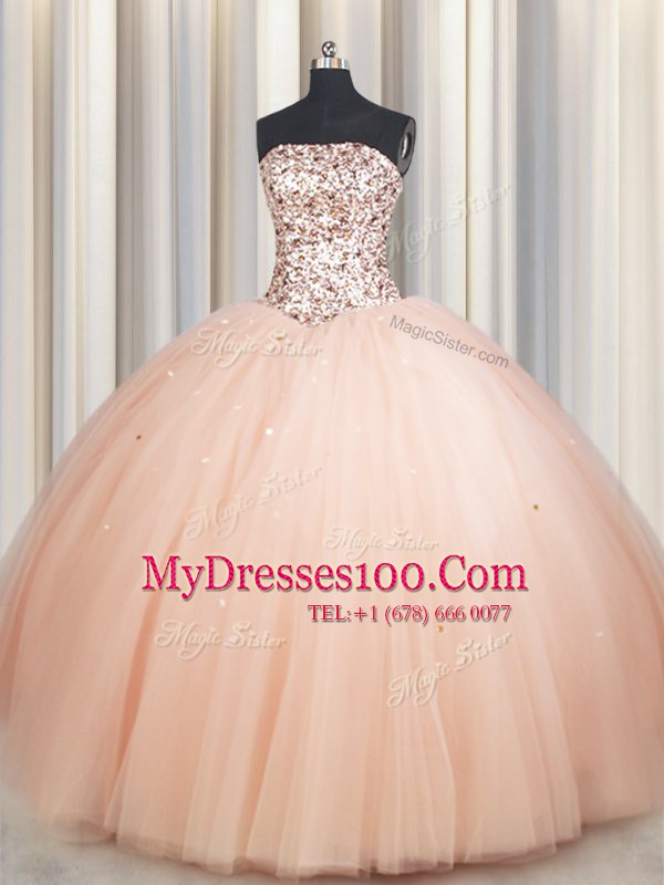 Floor Length Lace Up Quinceanera Gowns Peach for Military Ball and Sweet 16 and Quinceanera with Beading